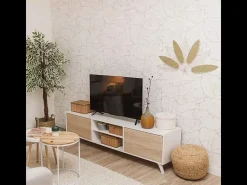 Mueble de TV de Diseño Nórdico + Modulo Alto, 2 Compartimentos de Almacenamiento y 2 Puertas,Cambrian-Blanco, 49cm(Alto) x 180cm (Ancho) x 40cm (Fondo)