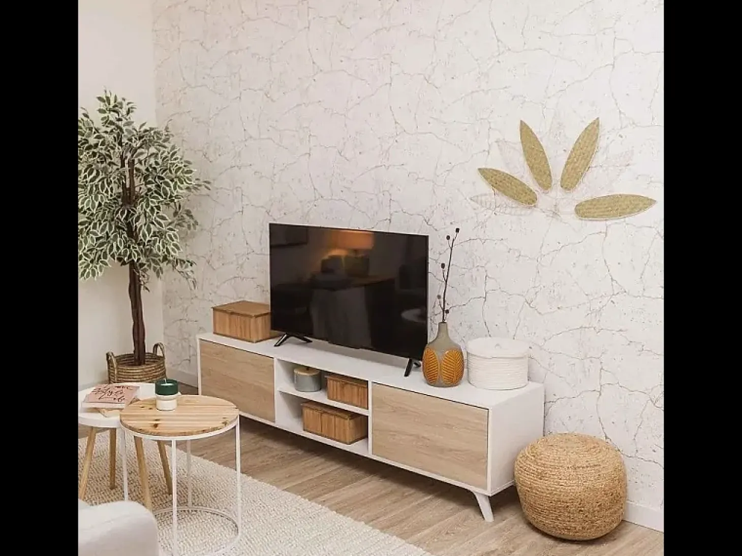 Mueble de TV de Diseño Nórdico + Modulo Alto, 2 Compartimentos de Almacenamiento y 2 Puertas,Cambrian-Blanco, 49cm(Alto) x 180cm (Ancho) x 40cm (Fondo)