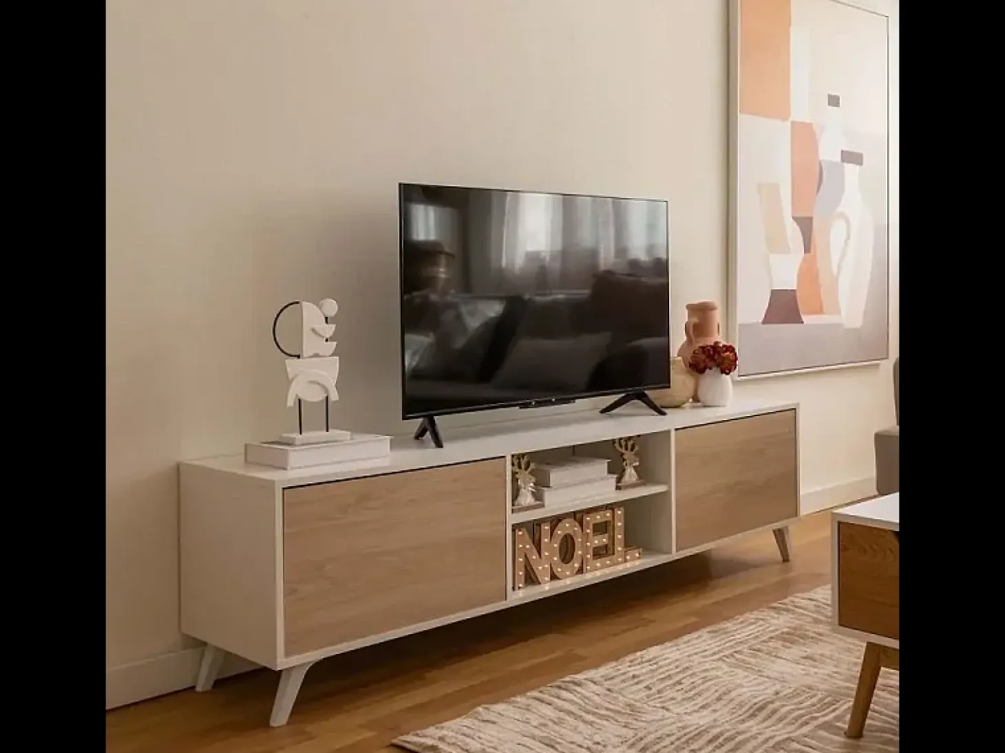 Mueble de TV de Diseño Nórdico + Modulo Alto, 2 Compartimentos de Almacenamiento y 2 Puertas,Cambrian-Blanco, 49cm(Alto) x 180cm (Ancho) x 40cm (Fondo)