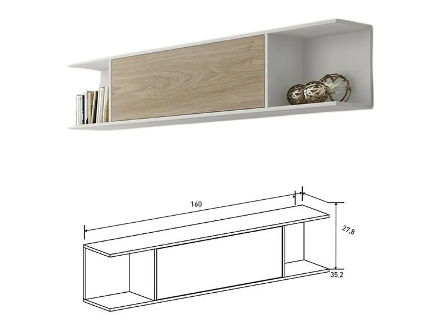 Mueble de TV de Diseño Nórdico + Modulo Alto, 2 Compartimentos de Almacenamiento y 2 Puertas,Cambrian-Blanco, 49cm(Alto) x 180cm (Ancho) x 40cm (Fondo)
