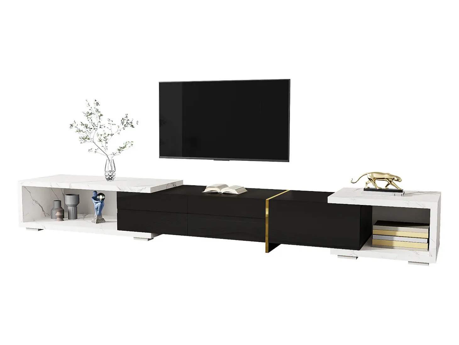 Mueble de TV de longitud regulable (140-260 cm) - 3 puertas abatibles - aspecto mármol blanco - Blanco y Negro