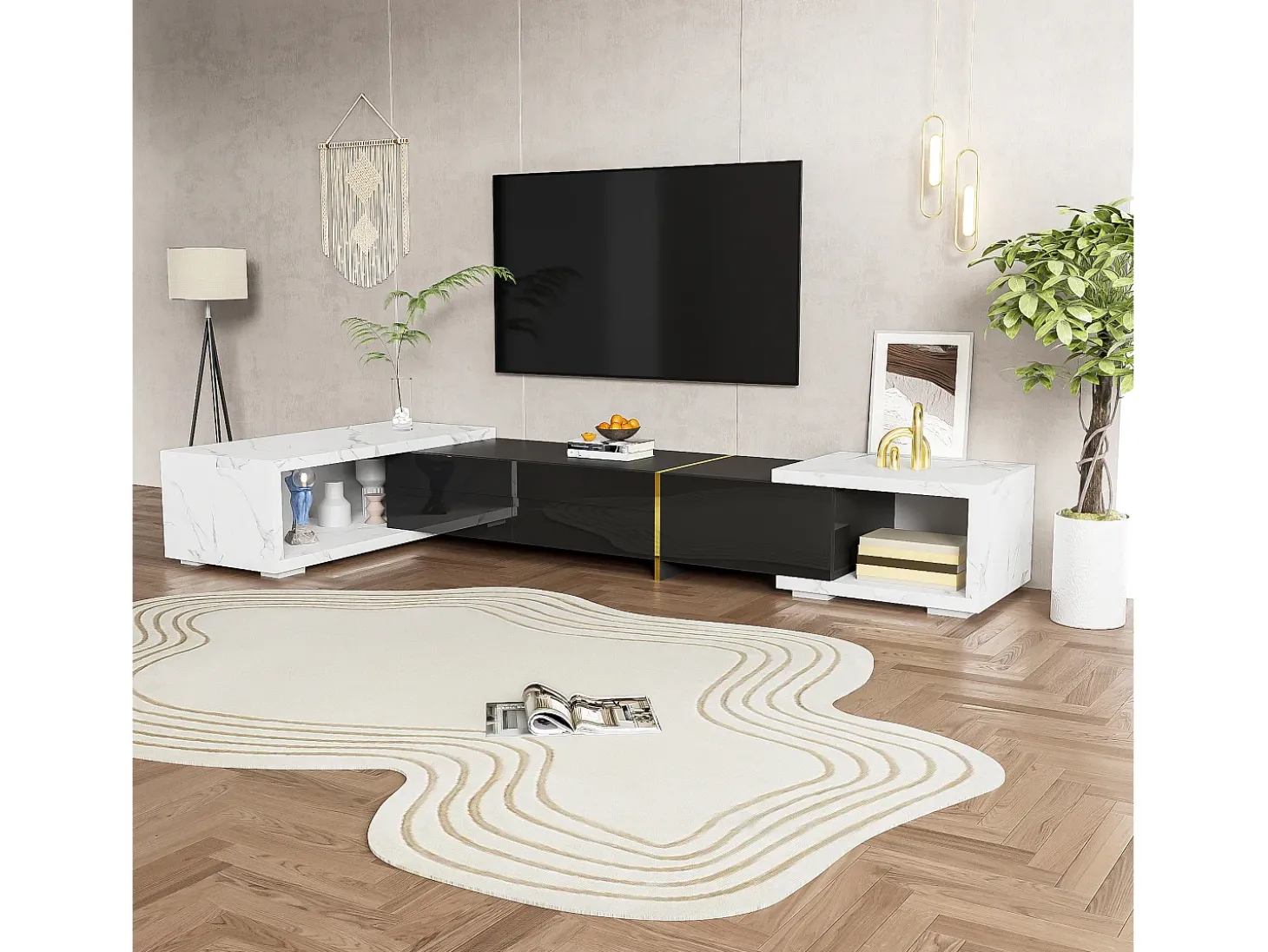 Mueble de TV de longitud regulable (140-260 cm) - 3 puertas abatibles - aspecto mármol blanco - Blanco y Negro