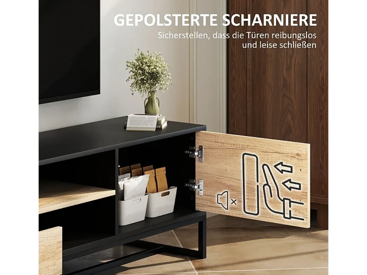 Mueble de TV de madera con compartimentos abiertos y 2 cajones, para salón o dormitorio