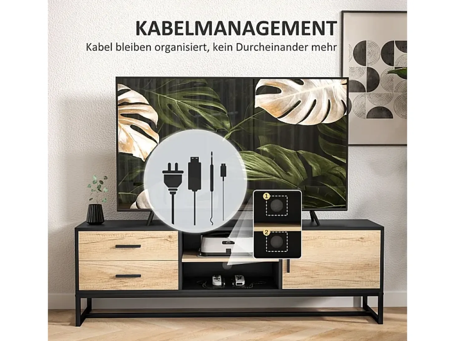 Mueble de TV de madera con compartimentos abiertos y 2 cajones, para salón o dormitorio