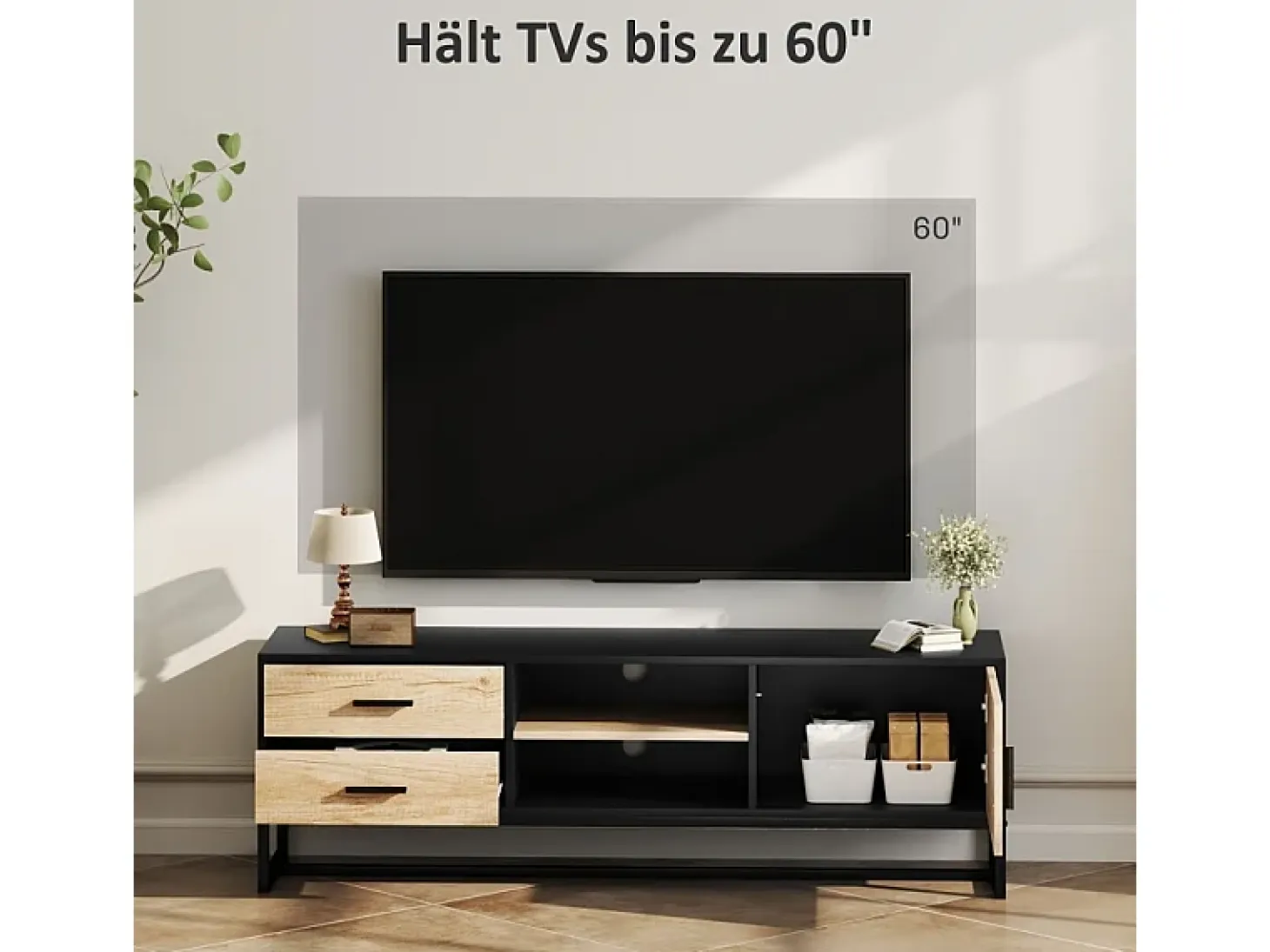 Mueble de TV de madera con compartimentos abiertos y 2 cajones, para salón o dormitorio