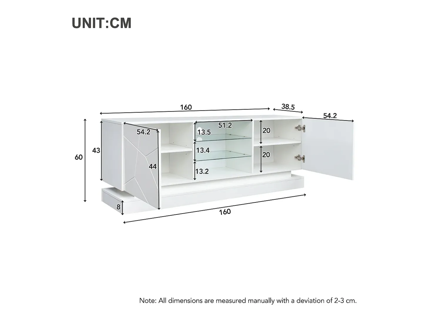 Mueble de TV de madera con 2 puertas - estante de cristal regulable - LED - estilo moderno - blanco brillo