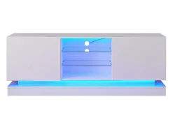 Mueble de TV de madera con 2 puertas - estante de cristal regulable - LED - estilo moderno - blanco brillo