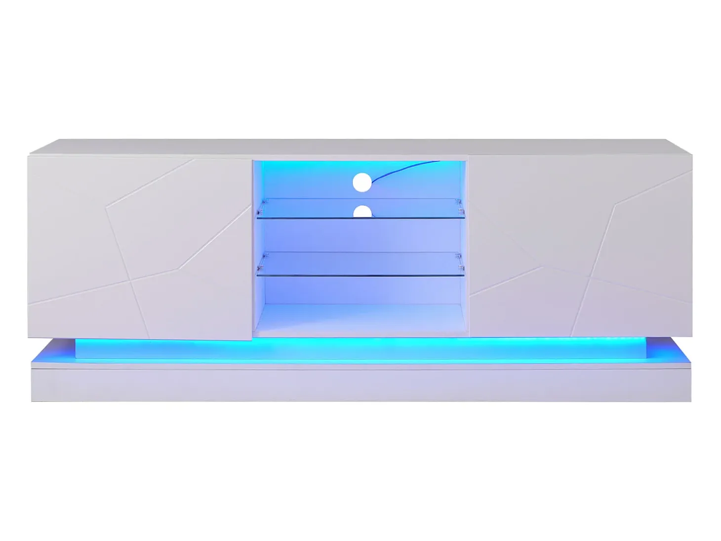 Mueble de TV de madera con 2 puertas - estante de cristal regulable - LED - estilo moderno - blanco brillo