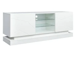 Mueble de TV de madera con 2 puertas - estante de cristal regulable - LED - estilo moderno - blanco brillo