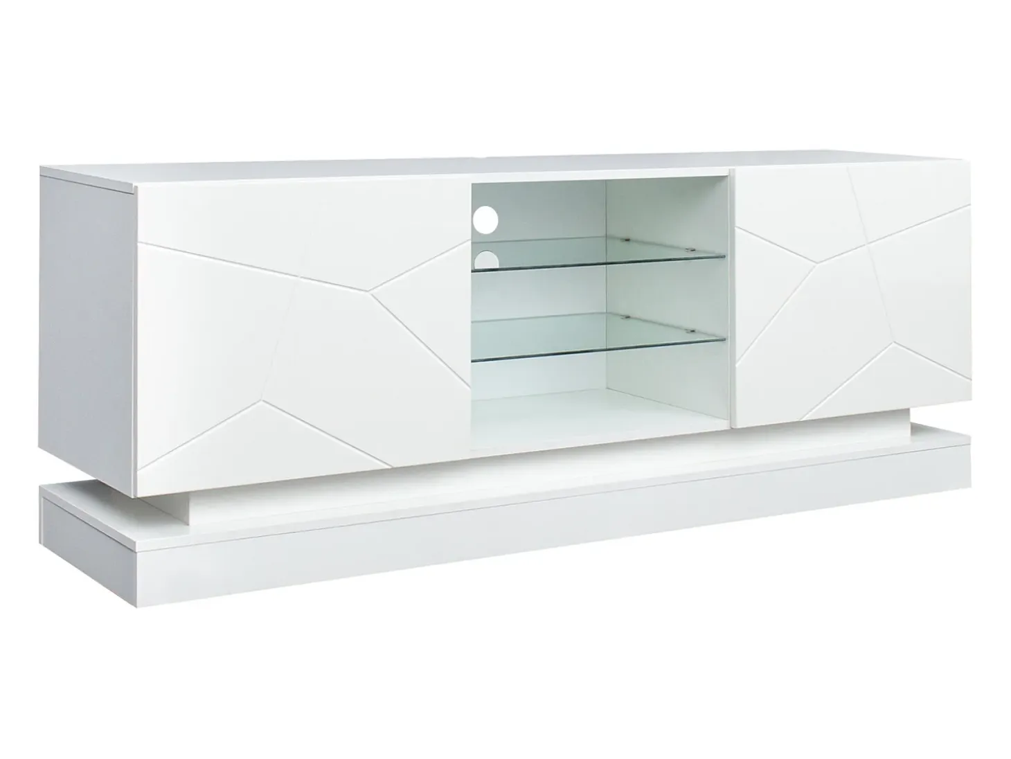 Mueble de TV de madera con 2 puertas - estante de cristal regulable - LED - estilo moderno - blanco brillo