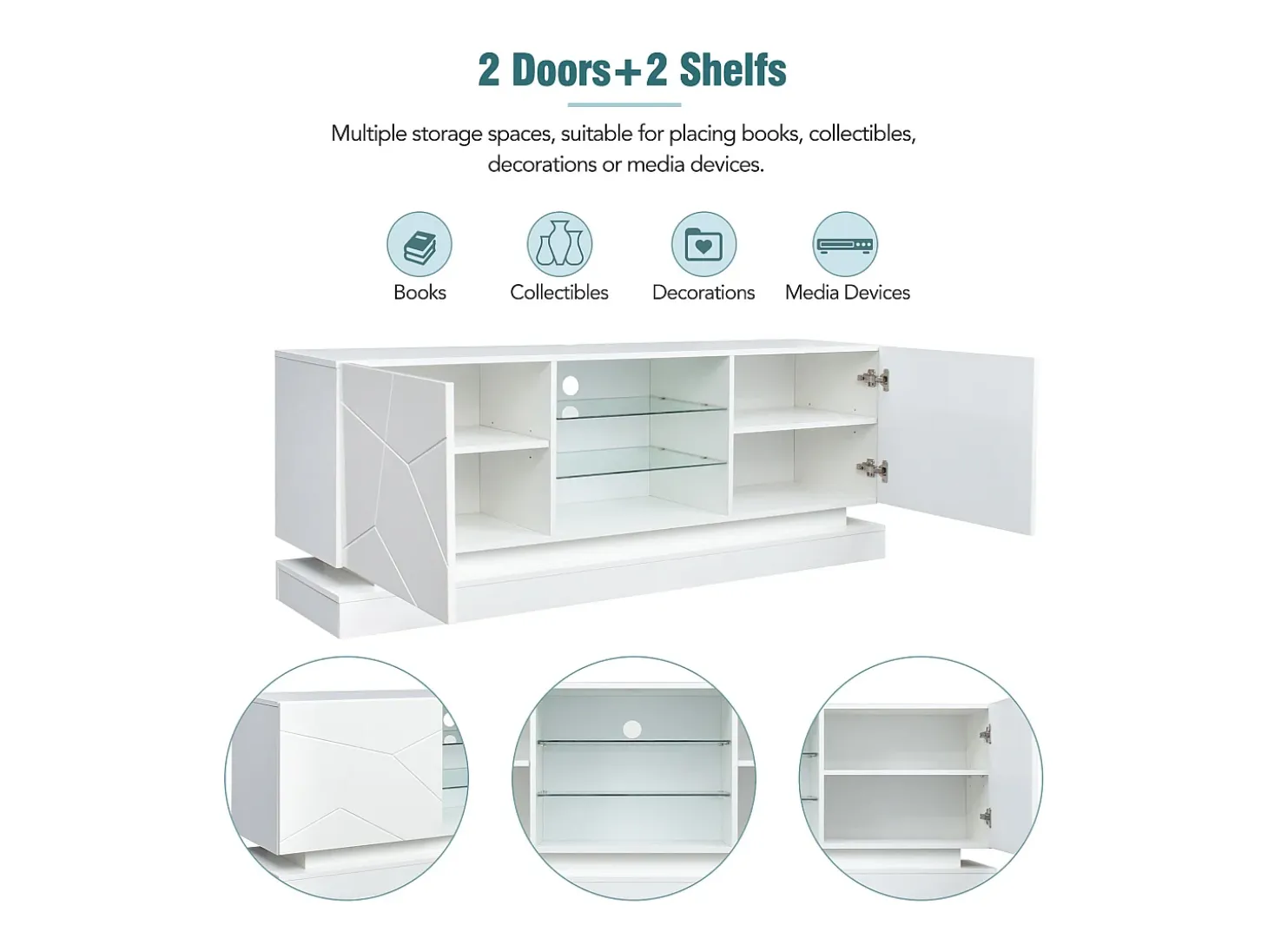Mueble de TV de madera con 2 puertas - estante de cristal regulable - LED - estilo moderno - blanco brillo