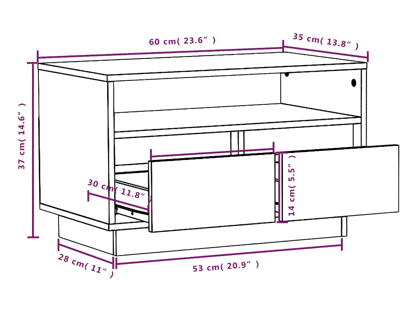 Mueble de TV de madera maciza de pino 60x35x37 cm