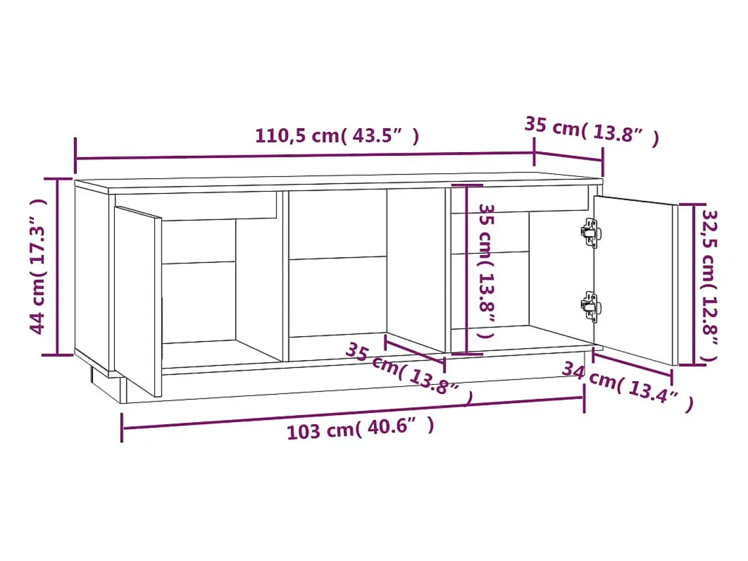 Mueble de TV de madera maciza de pino 110,5x35x44 cm