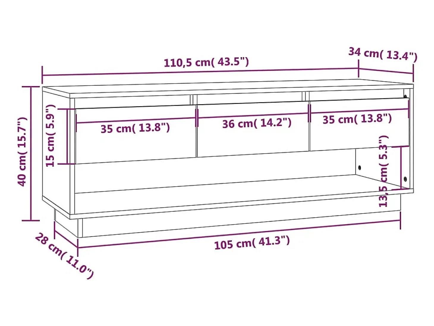 Mueble de TV de madera maciza de pino 110,5x34x40 cm