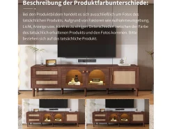 Mueble de TV de madera marrón con 2 cajones de ratán, 2 puertas de cristal curvo, 1 puerta de ratán, iluminación LED, diseño moderno (180 x 40 x 50 cm)