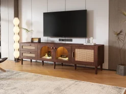 Mueble de TV de madera marrón con 2 cajones de ratán, 2 puertas de cristal curvo, 1 puerta de ratán, iluminación LED, diseño moderno (180 x 40 x 50 cm)