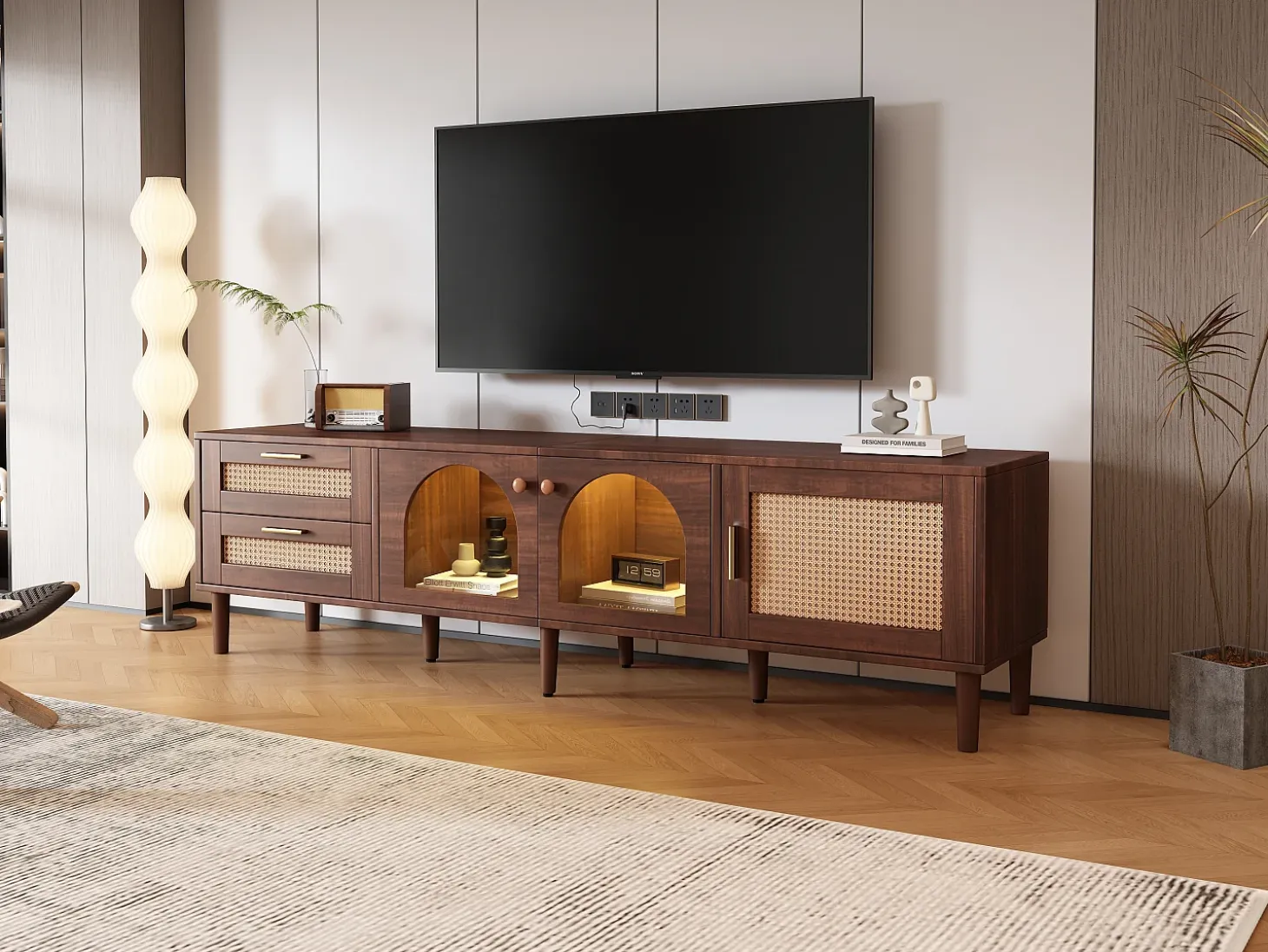 Mueble de TV de madera marrón con 2 cajones de ratán, 2 puertas de cristal curvo, 1 puerta de ratán, iluminación LED, diseño moderno (180 x 40 x 50 cm)