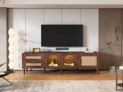 Mueble de TV de madera marrón con 2 cajones de ratán, 2 puertas de cristal curvo, 1 puerta de ratán, iluminación LED, diseño moderno (180 x 40 x 50 cm)