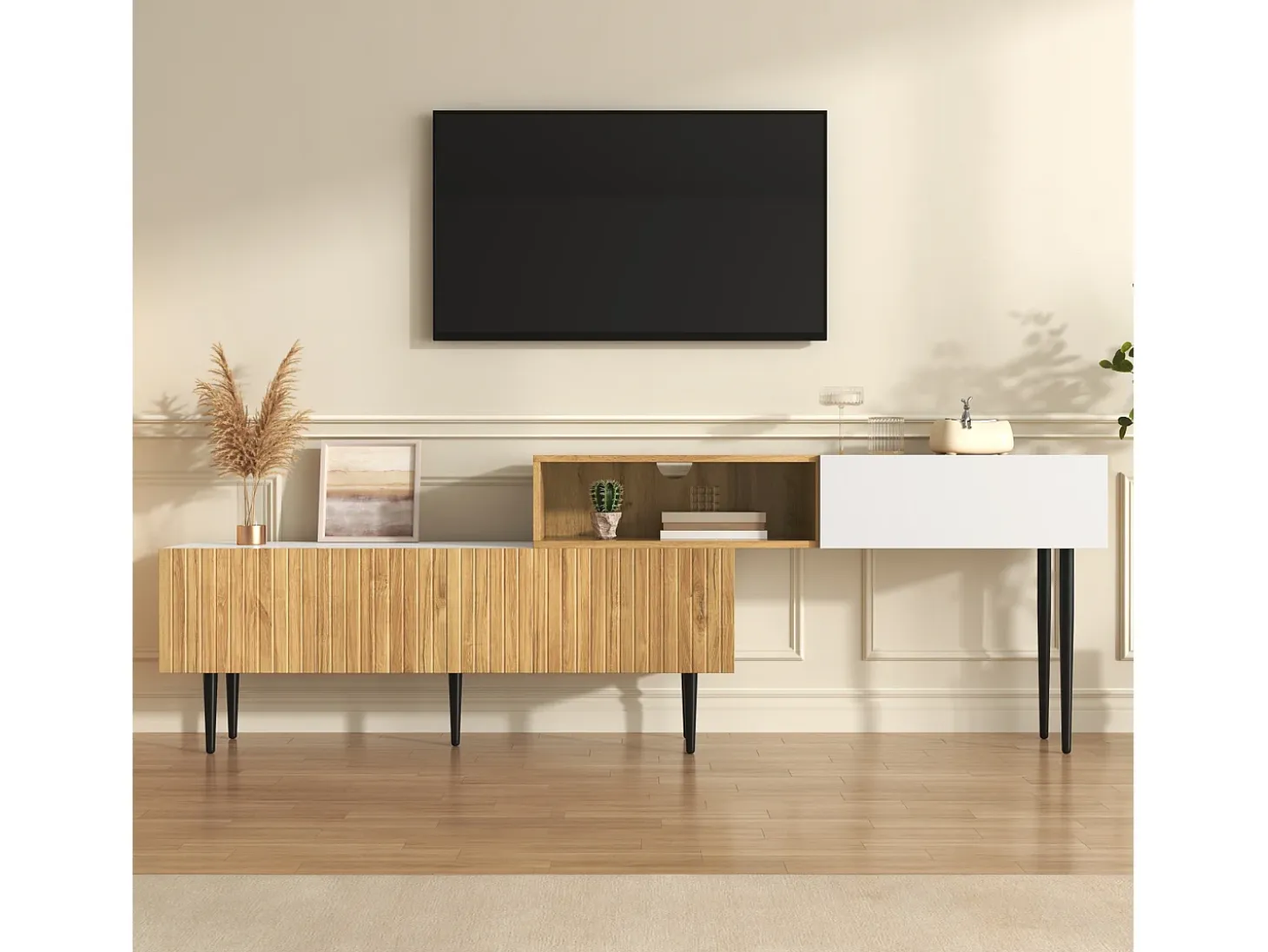 Mueble de TV de madera y blanco - Mueble de TV con 2 puertas abatibles y patas de metal - almacenaje abierto