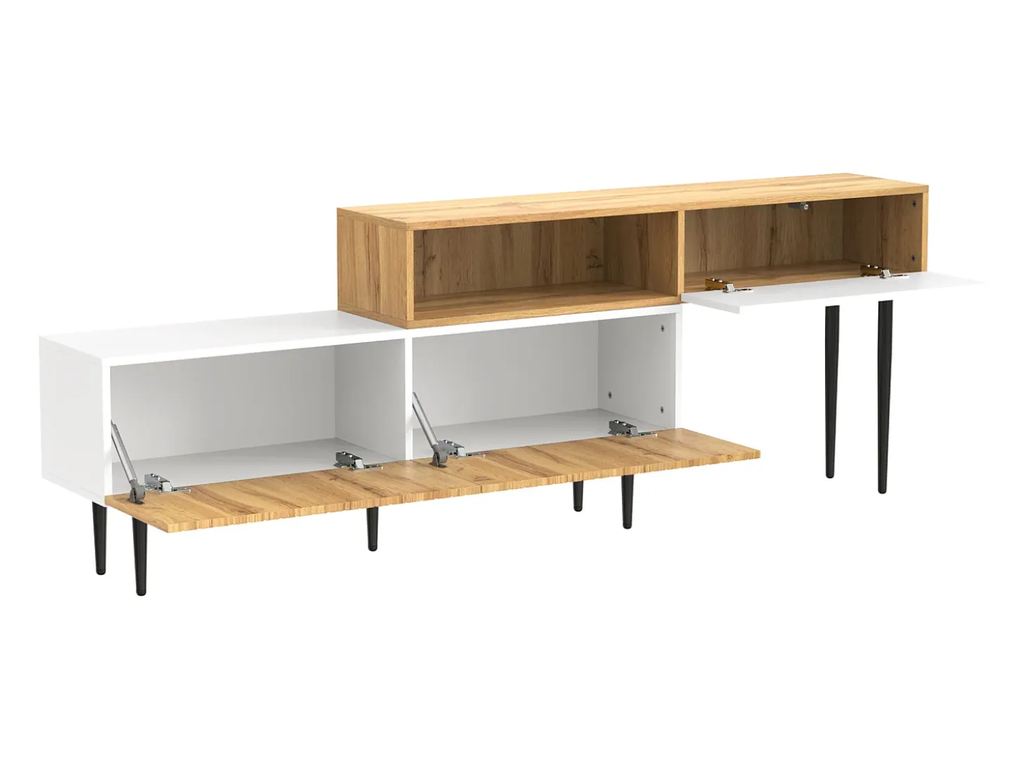 Mueble de TV de madera y blanco - Mueble de TV con 2 puertas abatibles y patas de metal - almacenaje abierto