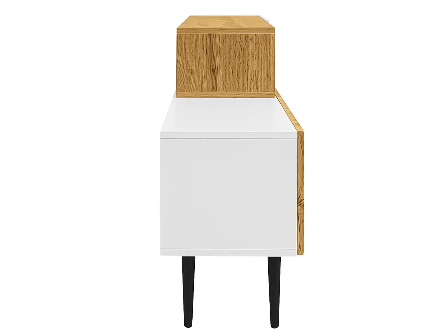 Mueble de TV de madera y blanco - Mueble de TV con 2 puertas abatibles y patas de metal - almacenaje abierto