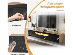 Mueble de TV de pared brillante - 180 x 37 x 36 cm - con 3 puertas + LED - para TV de 75 pulgadas - aglomerado - negro
