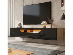 Mueble de TV de pared brillante - 180 x 37 x 36 cm - con 3 puertas + LED - para TV de 75 pulgadas - aglomerado - negro