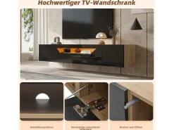 Mueble de TV de pared brillante - 180 x 37 x 36 cm - con 3 puertas + LED - para TV de 75 pulgadas - aglomerado - negro