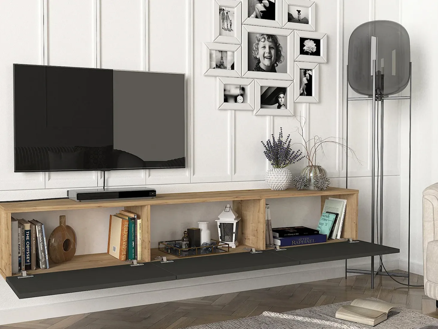 Mueble de TV de pared con 3 puertas - Antracita y Natural Claro - VIKILA