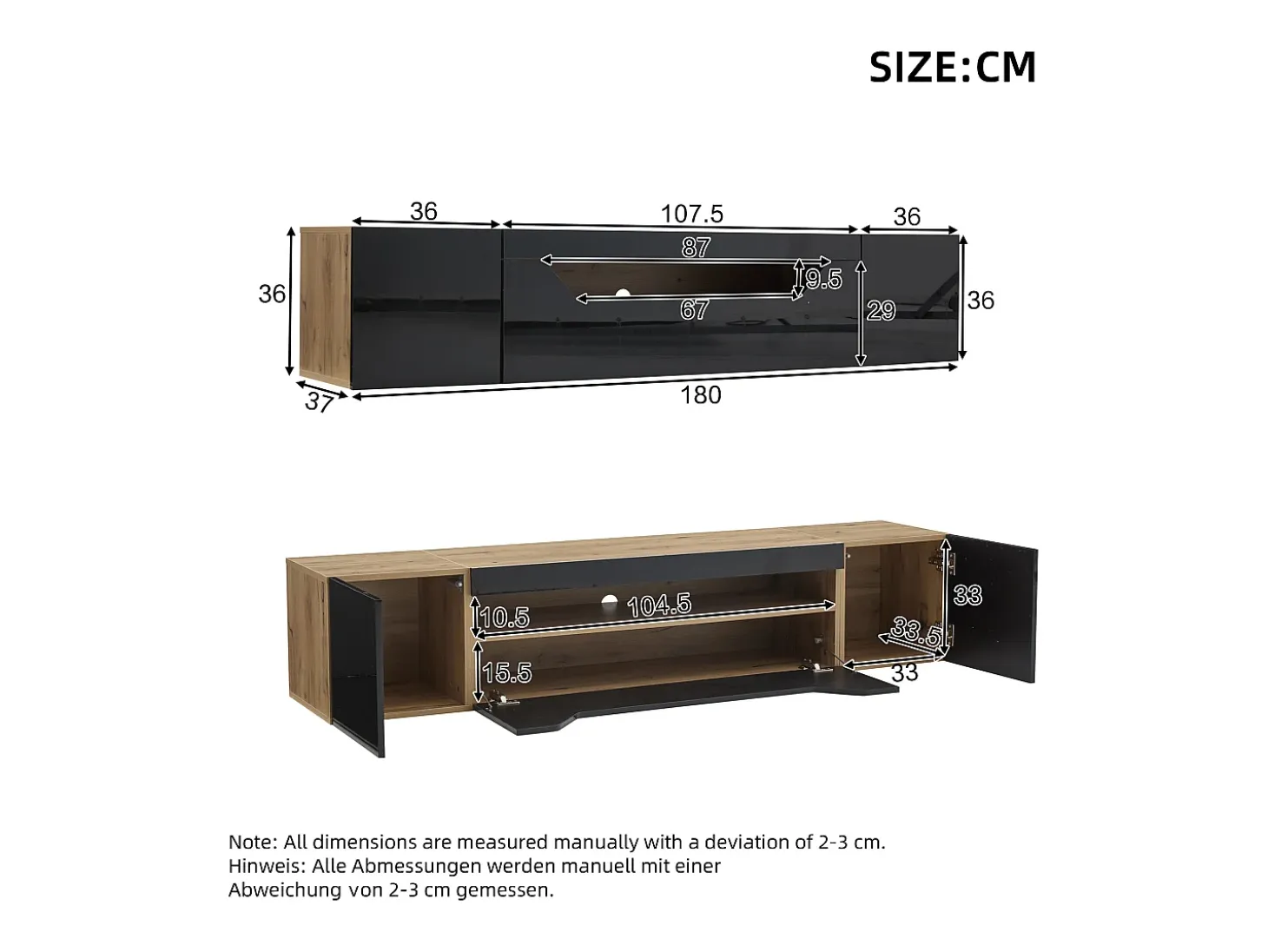 Mueble de TV de pared de 3 puertas con iluminación LED - Mueble de TV negro - puertas plegables - para TV de 75"