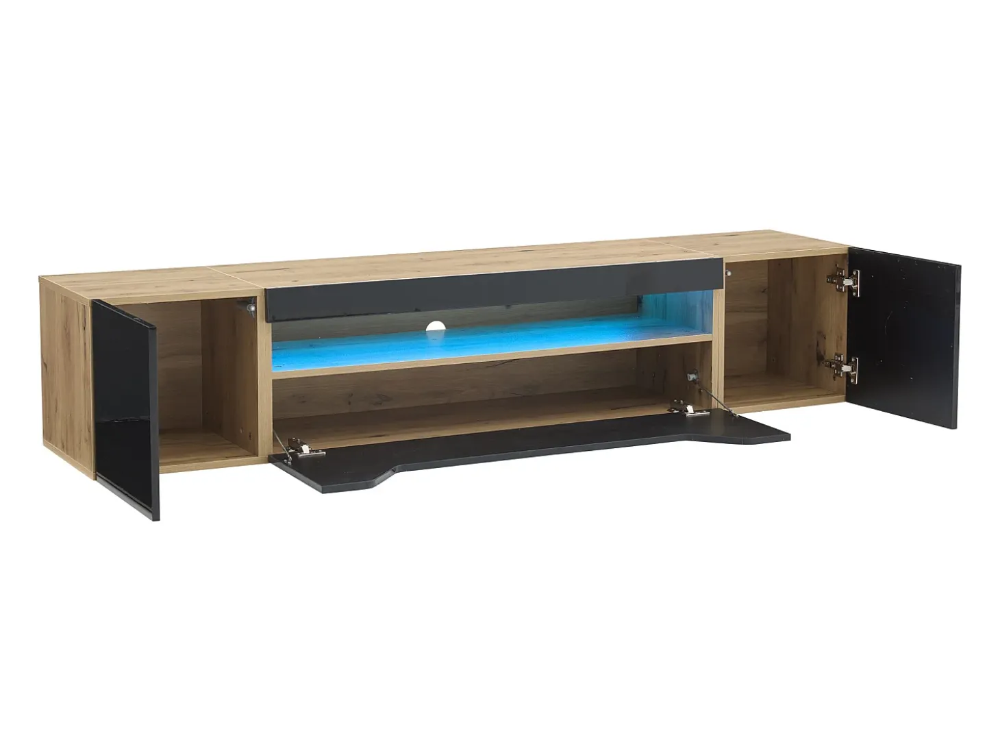 Mueble de TV de pared de 3 puertas con iluminación LED - Mueble de TV negro - puertas plegables - para TV de 75"