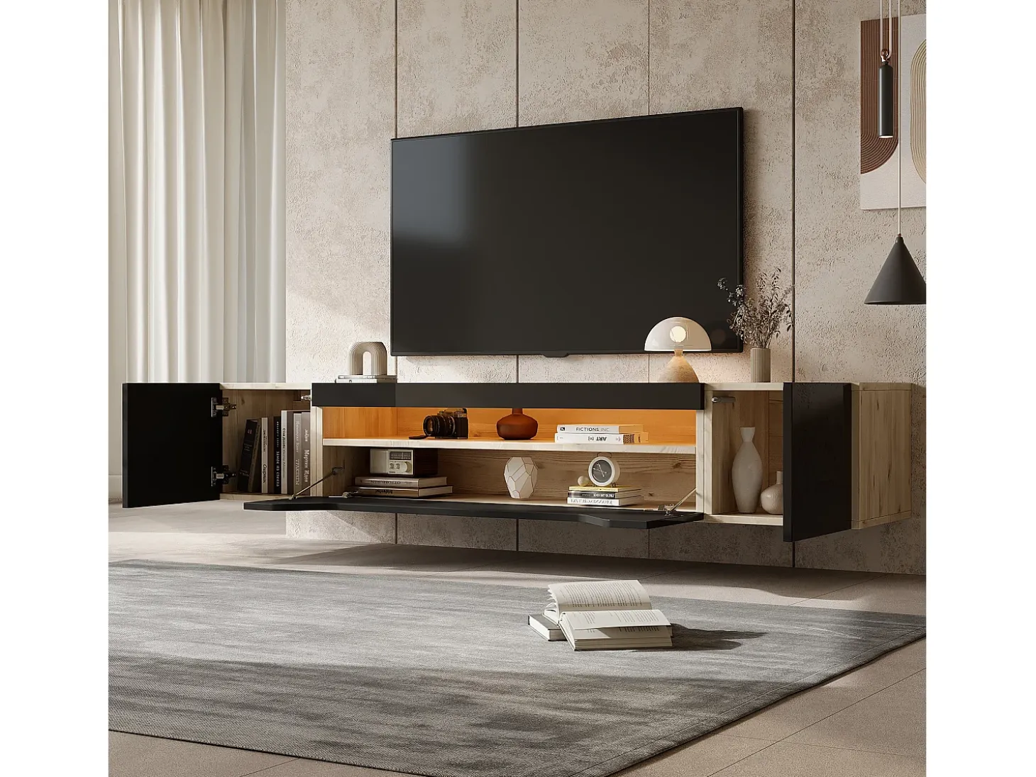 Mueble de TV de pared de 3 puertas con iluminación LED - Mueble de TV negro - puertas plegables - para TV de 75"