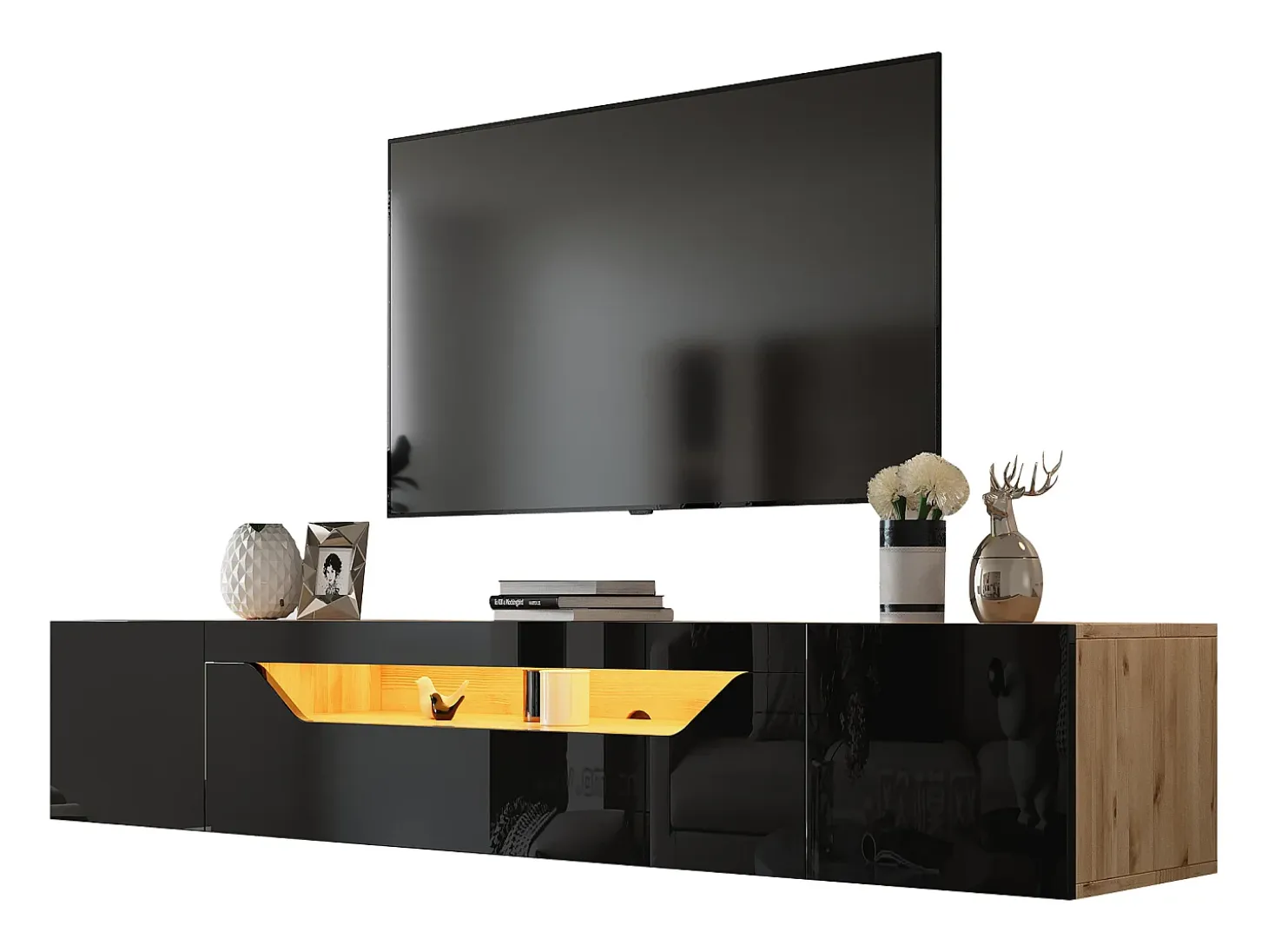 Mueble de TV de pared de 3 puertas con iluminación LED - Mueble de TV negro - puertas plegables - para TV de 75"