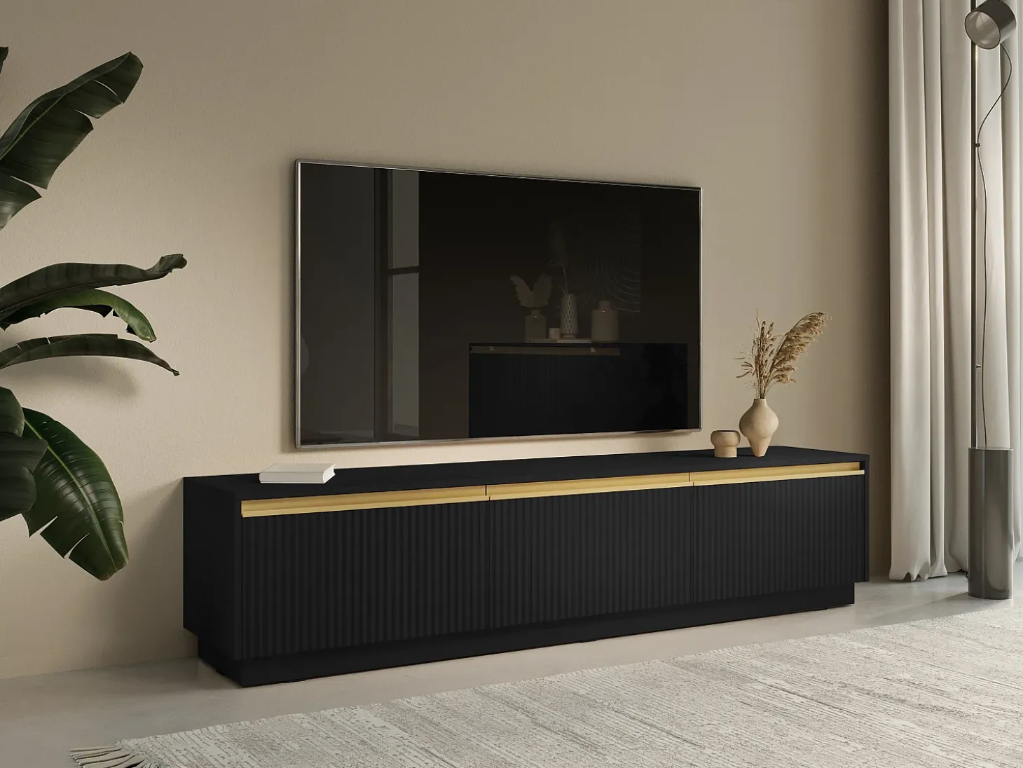 Mueble de TV de pared o de pie con 3 puertas de MDF - Negro y Dorado - POSINIA