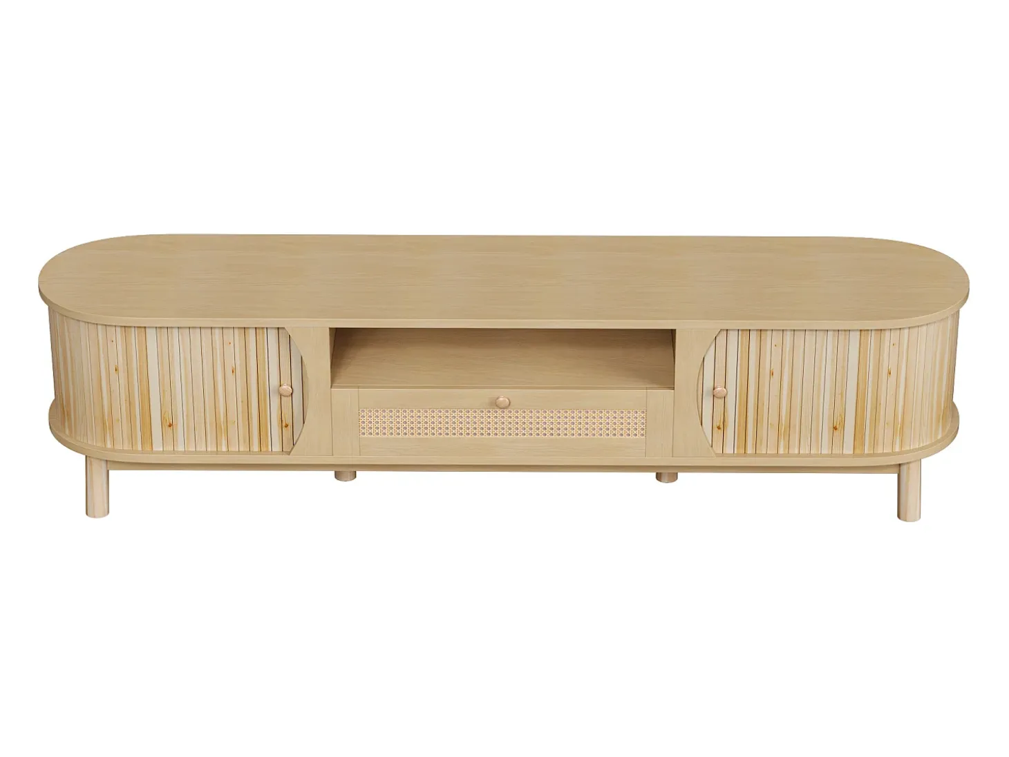 Mueble de TV de ratán 165x37x46 cm - 2 puertas y 1 cajón de ratán - Estilo rústico - MDF - Natural