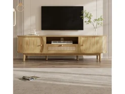Mueble de TV de ratán 165x37x46 cm - 2 puertas y 1 cajón de ratán - Estilo rústico - MDF - Natural