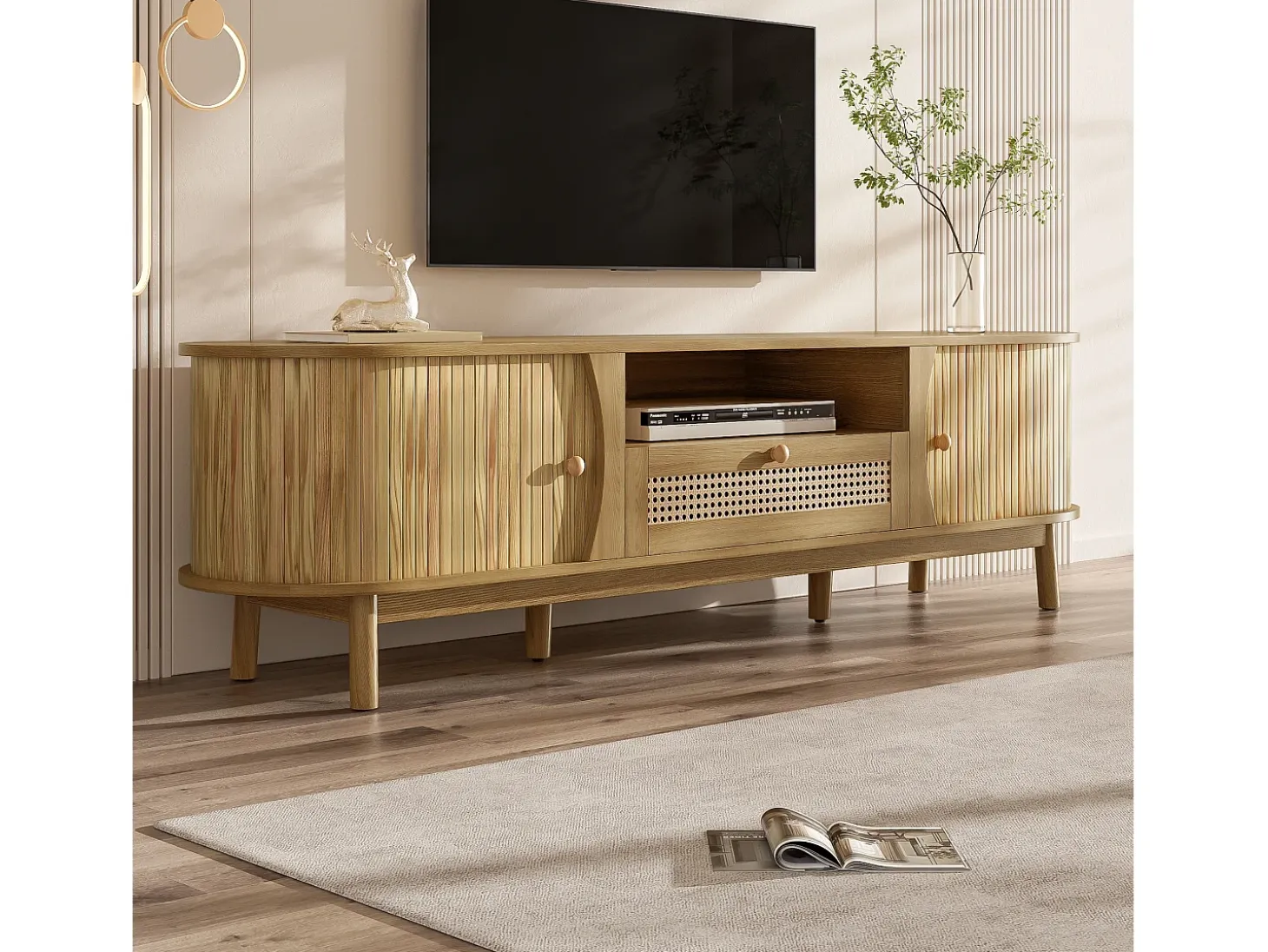 Mueble de TV de ratán 165x37x46 cm - 2 puertas y 1 cajón de ratán - Estilo rústico - MDF - Natural