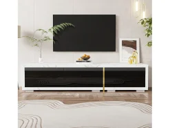 Mueble de TV extensible con 3 puertas - 140/260 x 40 x 30 cm - Efecto mármol - MDF - Negro brillo + blanco