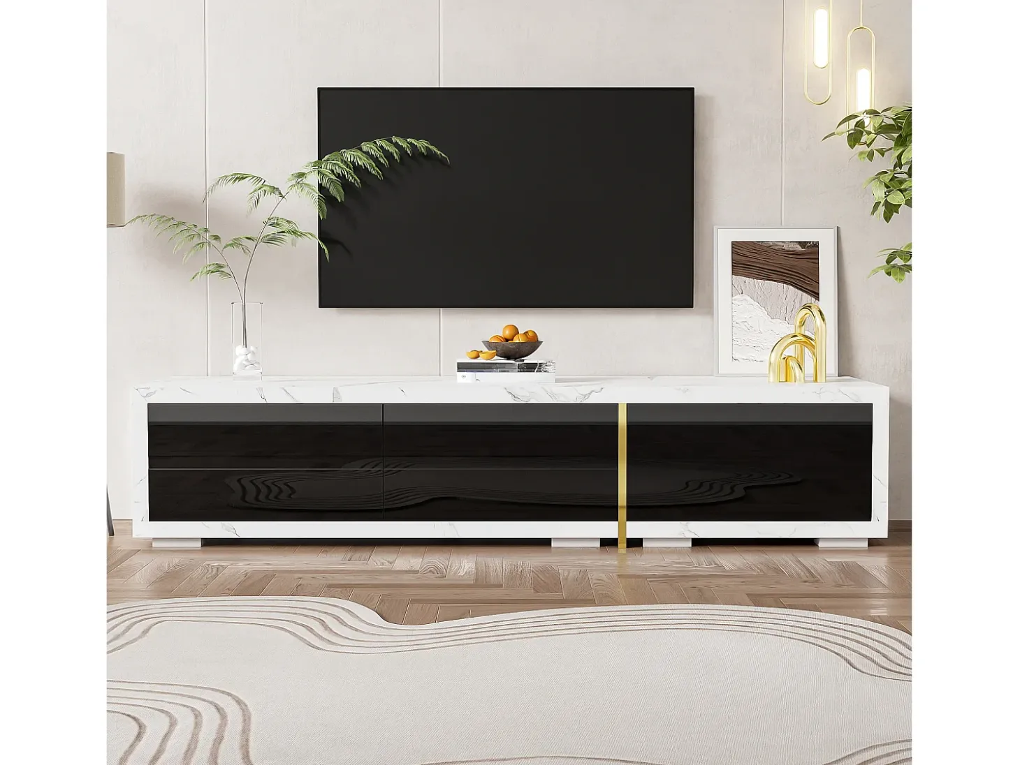 Mueble de TV extensible con 3 puertas - 140/260 x 40 x 30 cm - Efecto mármol - MDF - Negro brillo + blanco