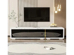 Mueble de TV extensible con 3 puertas - 140/260 x 40 x 30 cm - Efecto mármol - MDF - Negro brillo + blanco