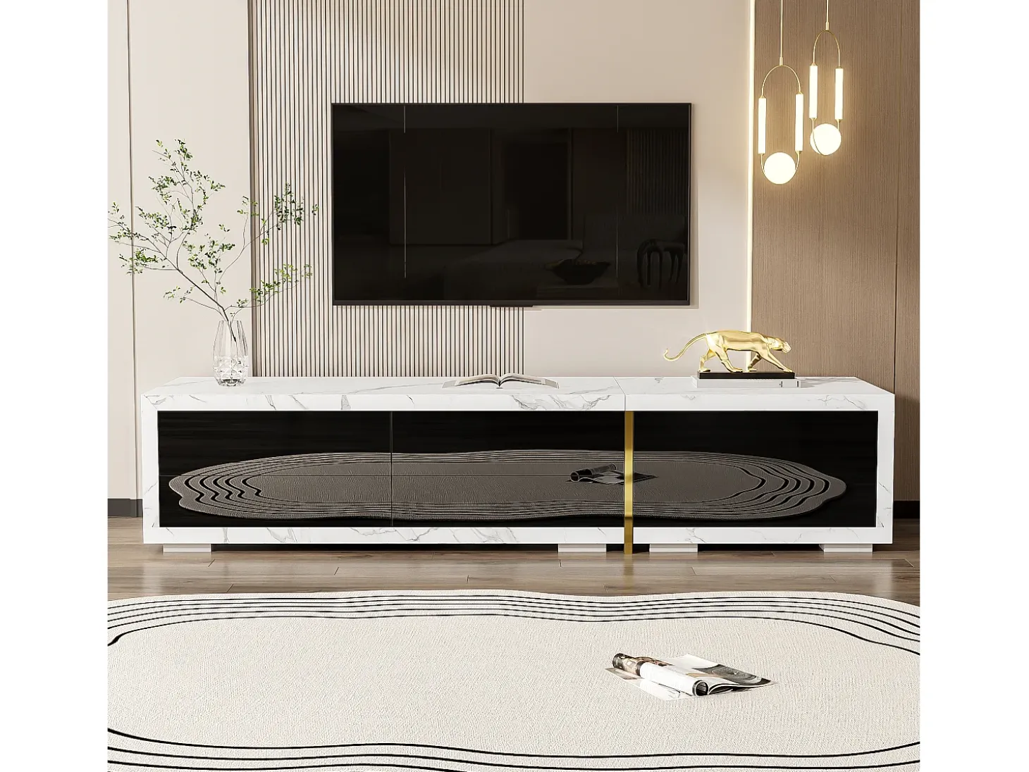 Mueble de TV extensible con 3 puertas - 140/260 x 40 x 30 cm - Efecto mármol - MDF - Negro brillo + blanco