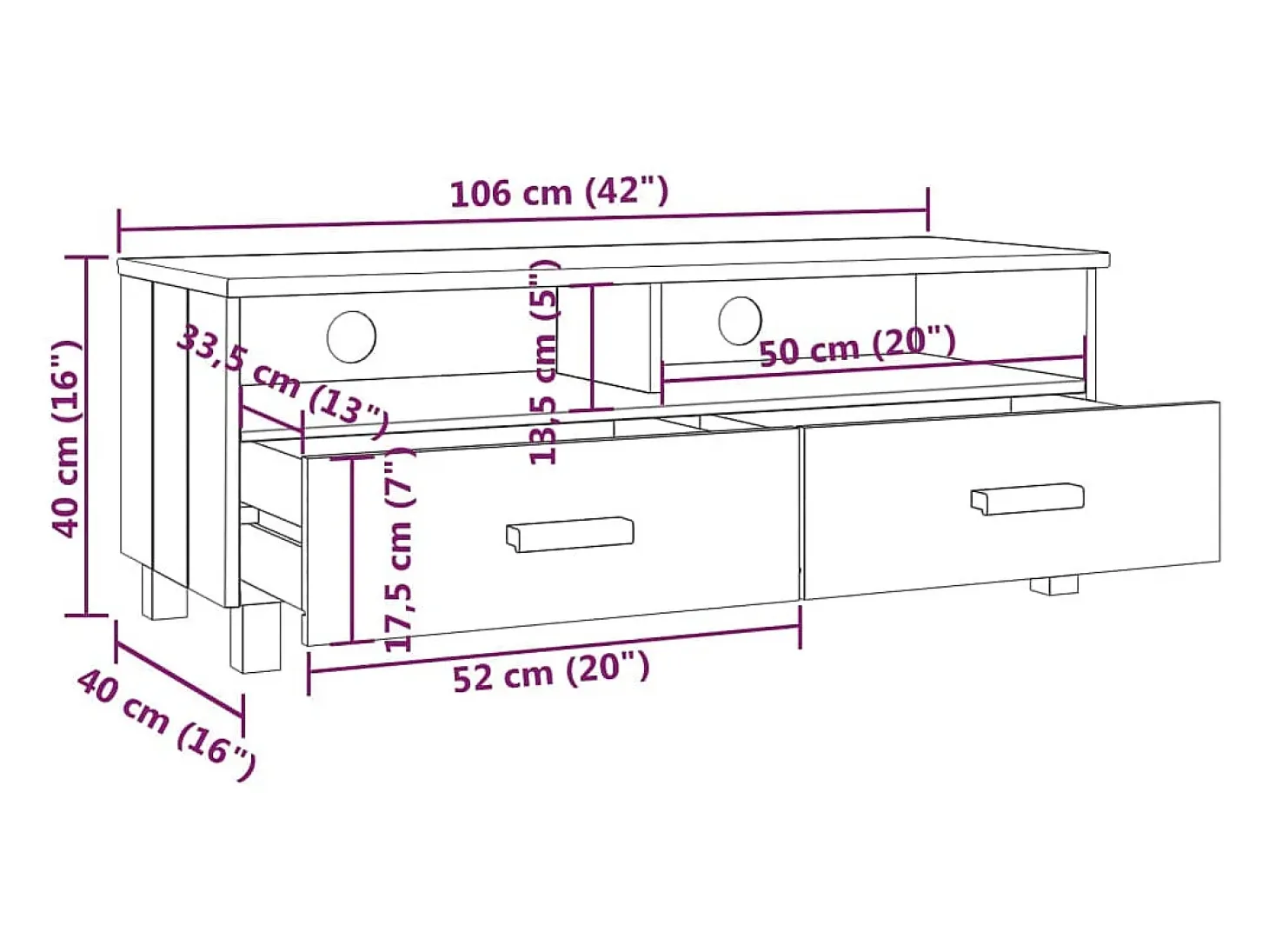 Mueble de TV HAMAR madera maciza de pino blanco 106x40x40 cm