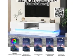 Mueble de TV LED de alto brillo, 160 cm, 2 cajones, control por app, diseño antivuelco, blanco (160 x 35 x 40,5 cm)