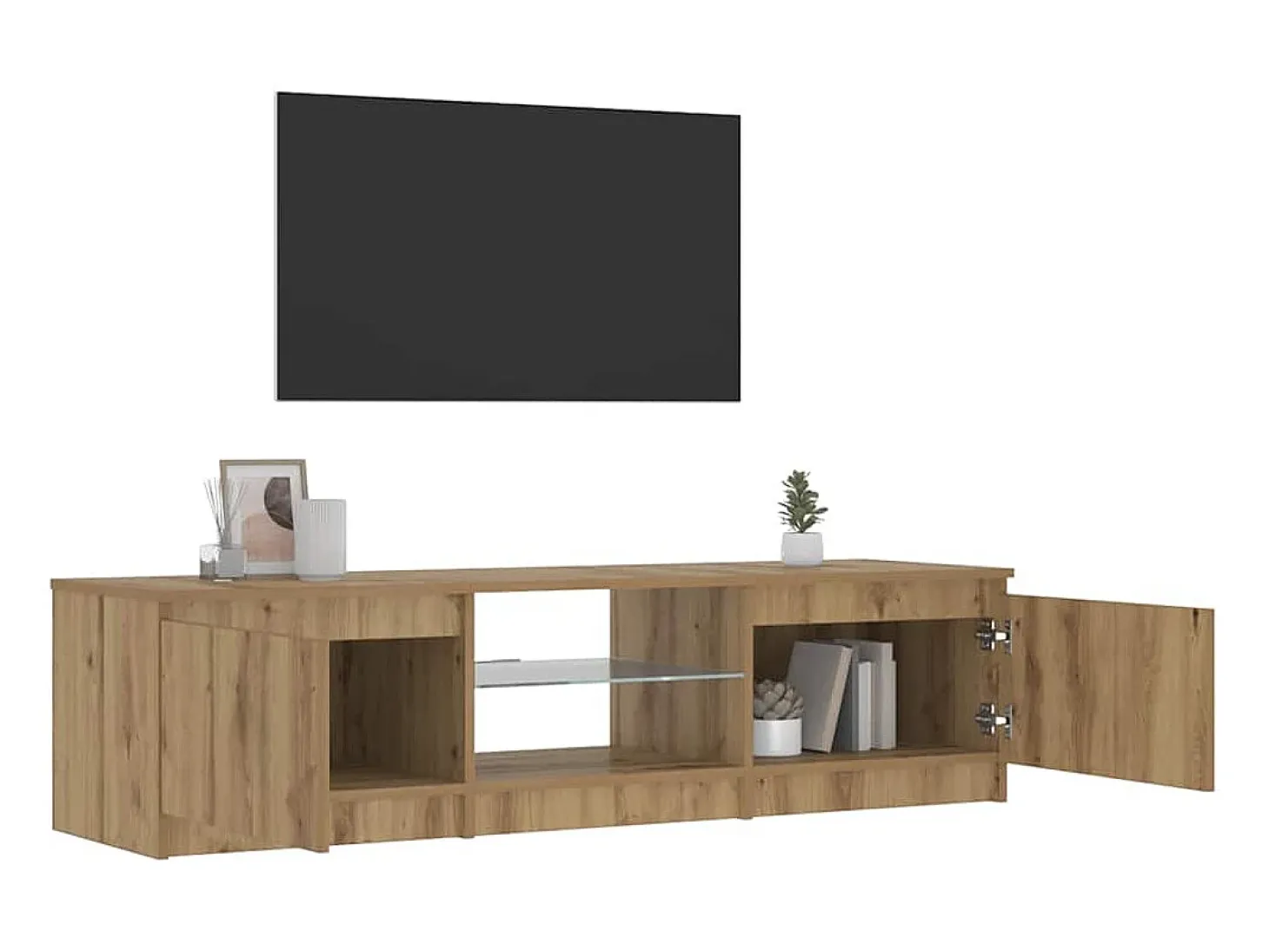Mueble de TV luces LED madera roble artisan 140x40x36 cm