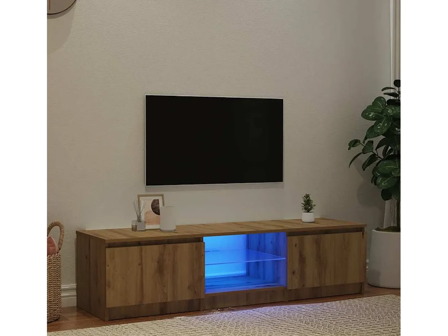 Mueble de TV luces LED madera roble artisan 140x40x36 cm