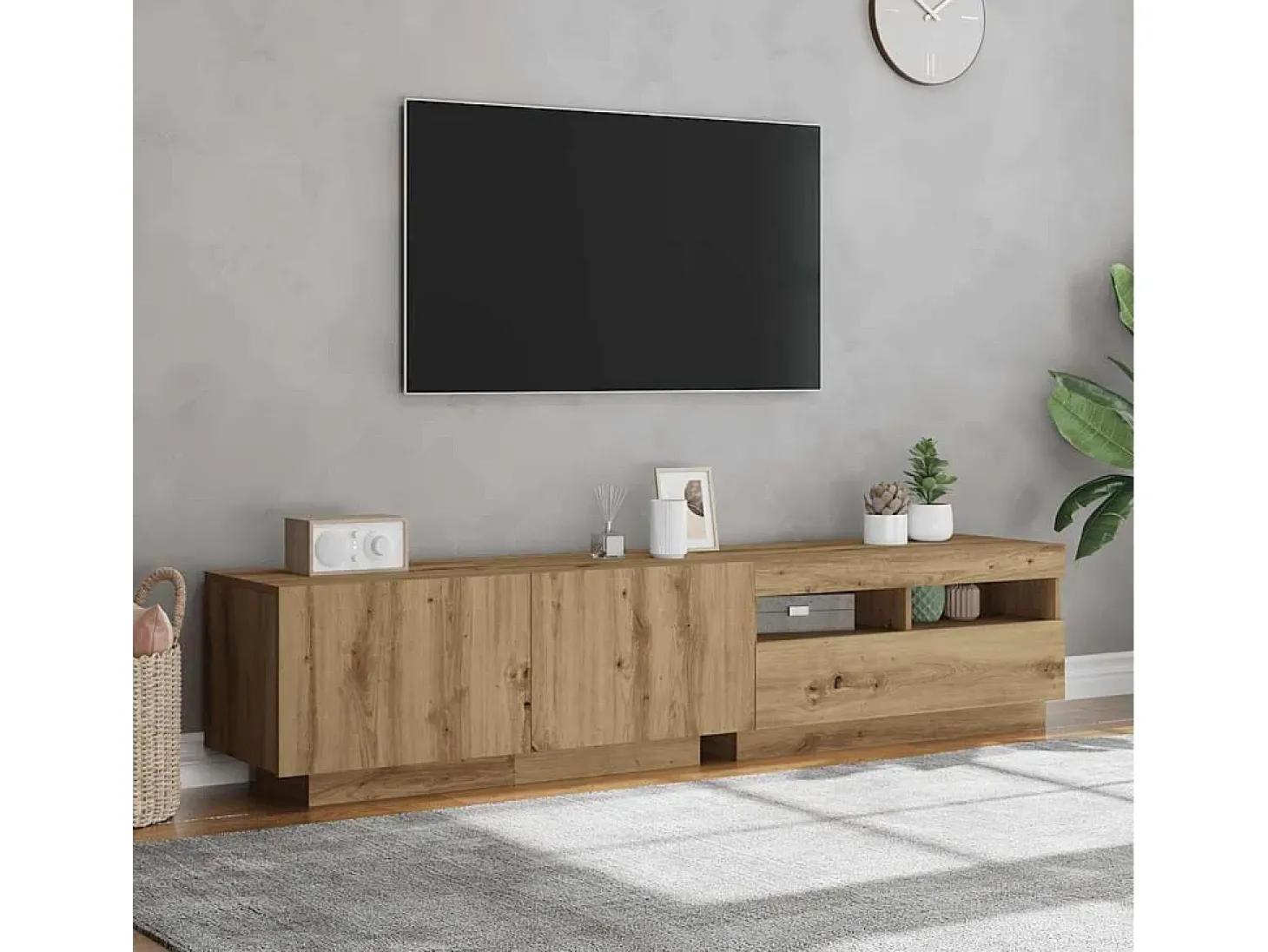Mueble de TV luces LED madera roble artisan 180x35x40 cm