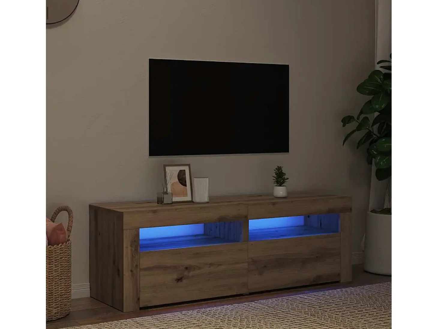 Mueble de TV luces LED madera roble artisan 120x35x40 cm