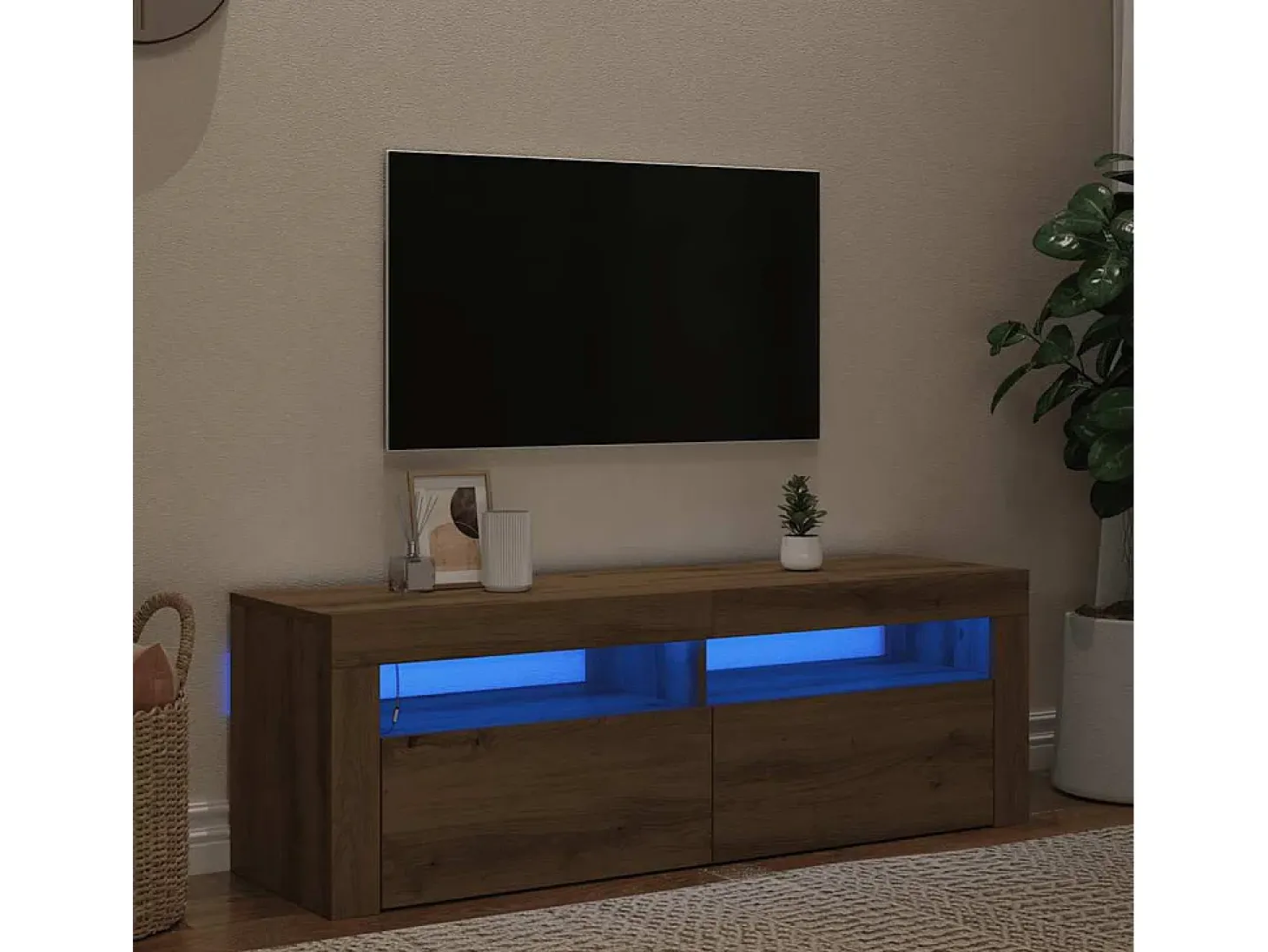 Mueble de TV luces LED madera roble artisan 120x35x40 cm
