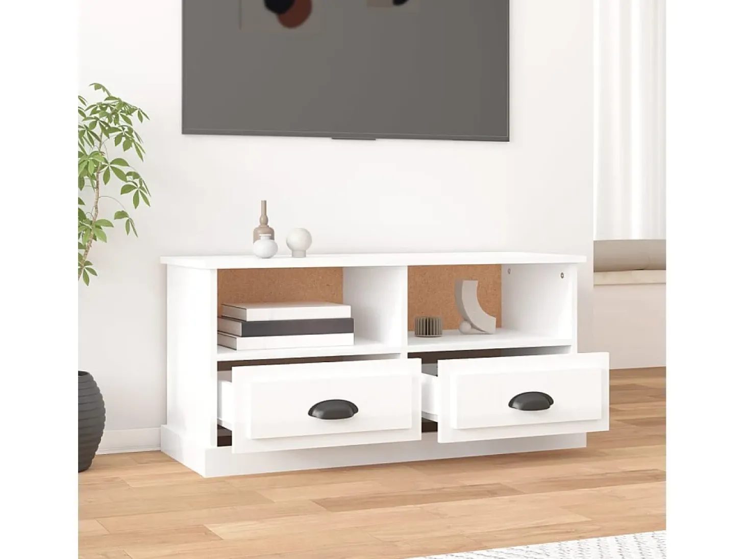 Mueble de TV madera contrachapada blanco brillo 93x35,5x45 cm