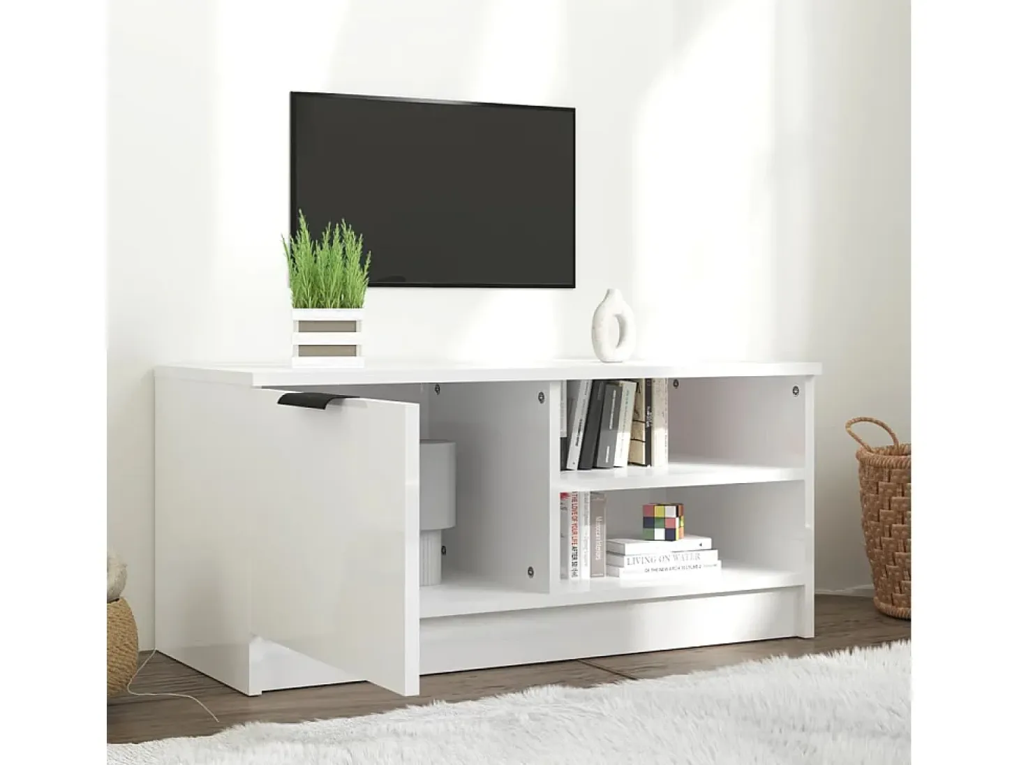 Mueble de TV madera contrachapada blanco brillante 80x35x36,5cm